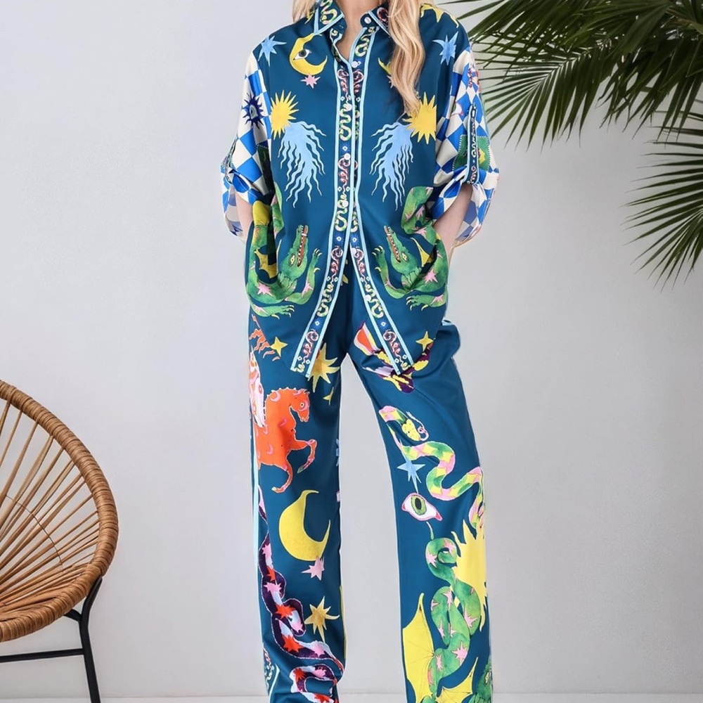 Colorful Celestial Print Wide-Leg Pants